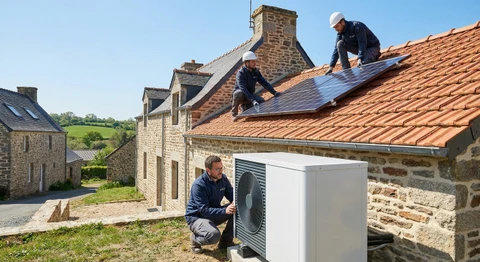Photographie en couleur naturelle d'une équipe de deux ou trois artisans, en tenue professionnelle, lors d'une intervention sur chantier de rénovation énergétique. Les techniciens sont en train de travailler ensemble sur l'installation d'une pompe à chaleur ou de panneaux photovoltaïques (l'installation devrait être visible en arrière-plan ou en cours d'intervention). L'ambiance doit refléter le professionnalisme, la stabilité, la confiance et le savoir-faire établi. La scène doit montrer la collaboration, l'expérience et l'engagement dans la qualité du travail. Pas de texte, logo ou filigrane visible.