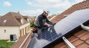 Photographie professionnelle montrant un installateur ou un électricien en tenue de travail effectuant une intervention professionnelle : installation de panneaux solaires sur un toit, installation d'une pompe à chaleur, ou travaux électriques/plomberie. L'image doit refléter l'expertise multi-compétences de l'entreprise (électricité, énergie renouvelable, chauffage) dans un contexte réel de chantier ou d'installation. La personne doit être concentrée sur son travail, équipée professionnellement, dans un environnement authentique de construction ou rénovation.
