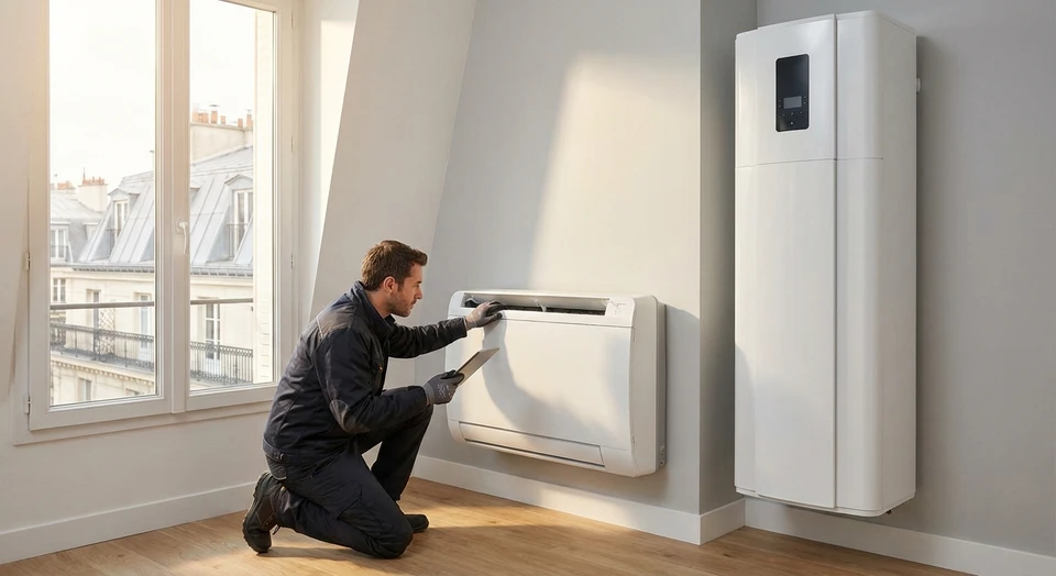 Gros plan d'un professionnel en tenue de travail installant ou vérifiant une unité intérieure de pompe à chaleur air-air dans un intérieur moderne, ou technicien intervenant sur un ballon thermodynamique/chauffe-eau moderne installé sur un mur. La scène doit montrer clairement un équipement de chauffage/climatisation contemporain, reflétant l'expertise multi-technique d'une entreprise spécialisée en énergies renouvelables et systèmes de chauffage performant.
