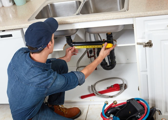 Un plombier professionnel intervient sous un évier de cuisine moderne