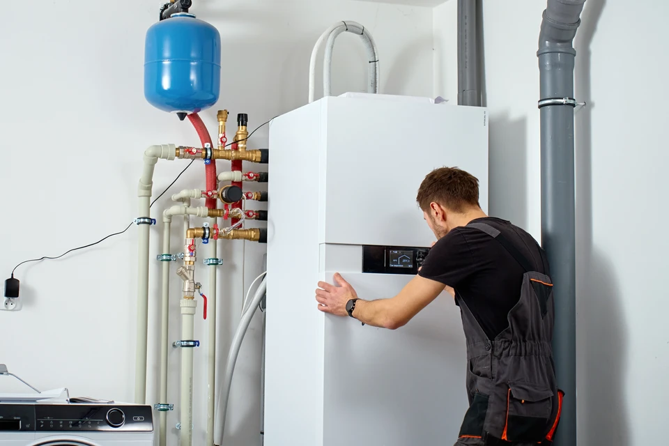 Photographie professionnelle d'une équipe de trois à quatre artisans dans un environnement résidentiel ou technique, chacun effectuant une tâche différente : un électricien installer une prise ou un tableau électrique, un plombier travailler sur des tuyauteries de chauffage, et un troisième professionnel travaillant sur des panneaux photovoltaïques ou un chauffe-eau thermodynamique. Tous portent des tenues professionnelles appropriées (combinaisons, gilets de sécurité si nécessaire), travaillent harmonieusement dans le même espace, symbolisant la coordination et la cohérence mentionnées dans le message. La photo doit être claire, bien éclairée, montrant des installations réelles et modernes.